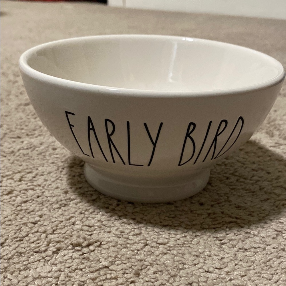 White Ceramic Bowl with 'Early Bird' Text